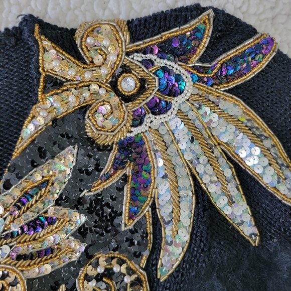 Side Effects Vintage Heavily Sequined Angora Fur Accented Black Sweater Size L - Picture 7 of 14